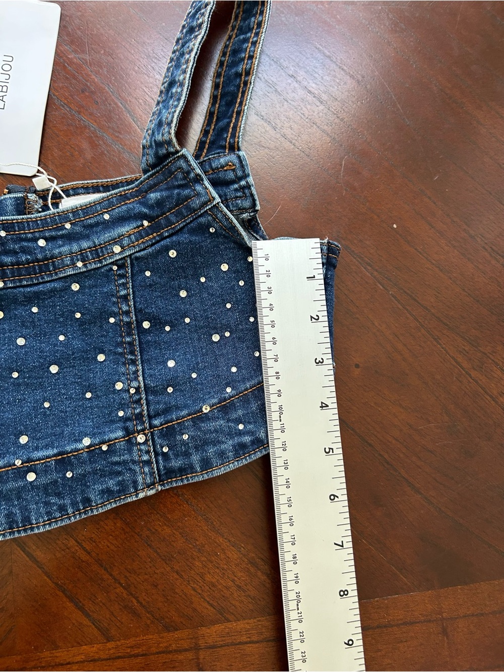 Labijou Dark Blue Denim Pearl-Embellished Crop Top size s - Picture 4 of 5